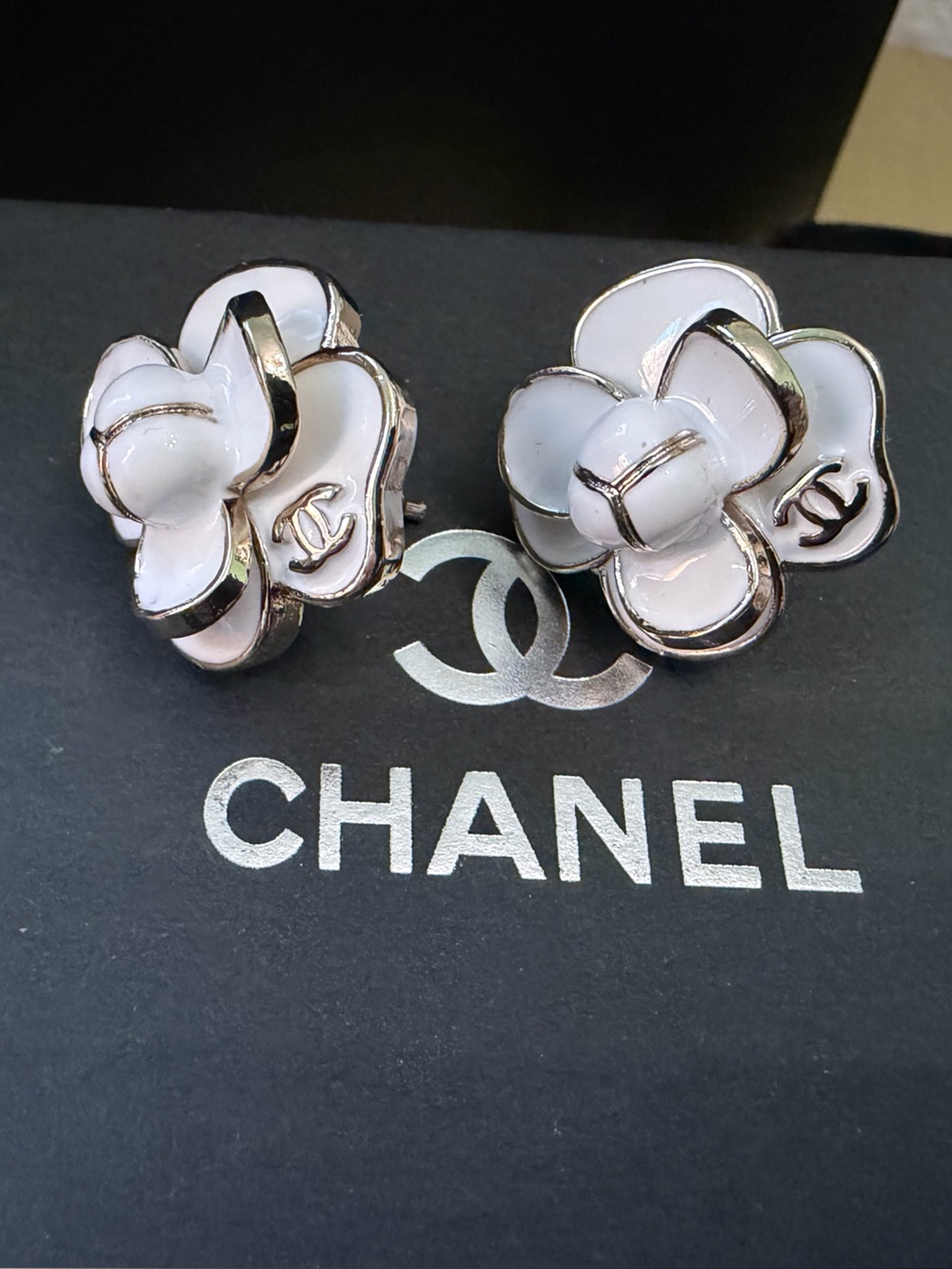 Chanel White and Gold Tone Camellia  Flower Earrings